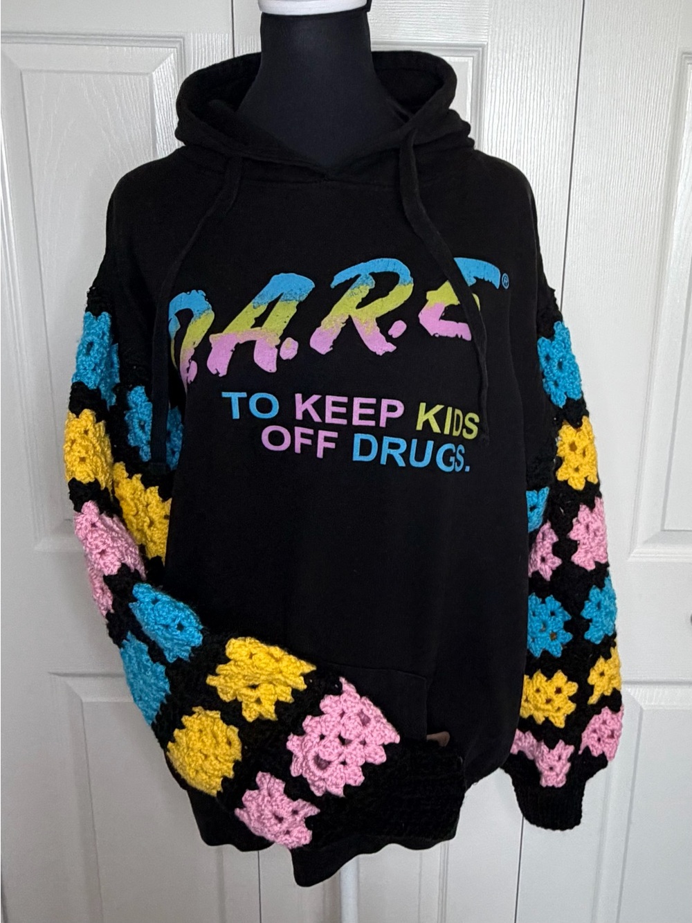 Reworked Dare2b Black Hoodie with Pink, Yellow & Blue Crochet Sleeves